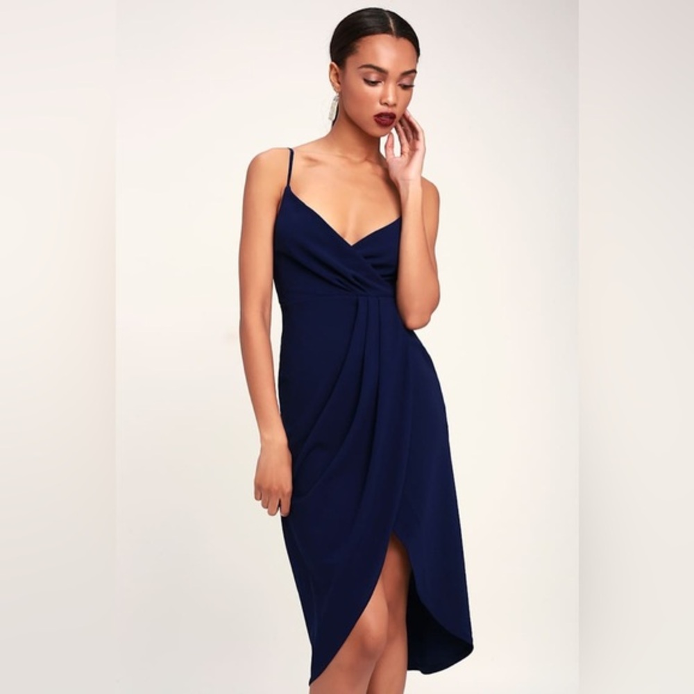 Lulu’s NEW Special Guest Navy Blue Surplice Midi Dress